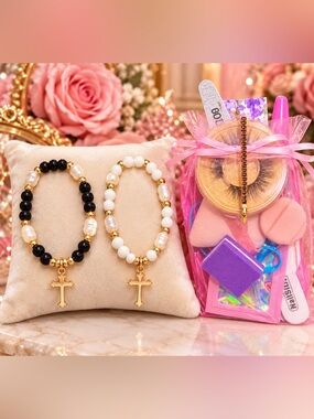 NWT 2 Pc Cross Charm Beaded Stretch Bracelet Bundle & Handmade Beauty Gift Bag